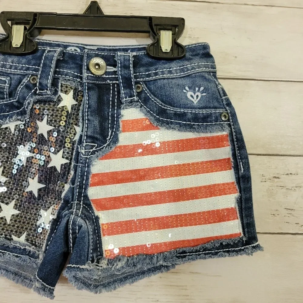 JUSTICE USA Flag Sequin Cut Off Style Denim Shorts Size 10S‎ Slim